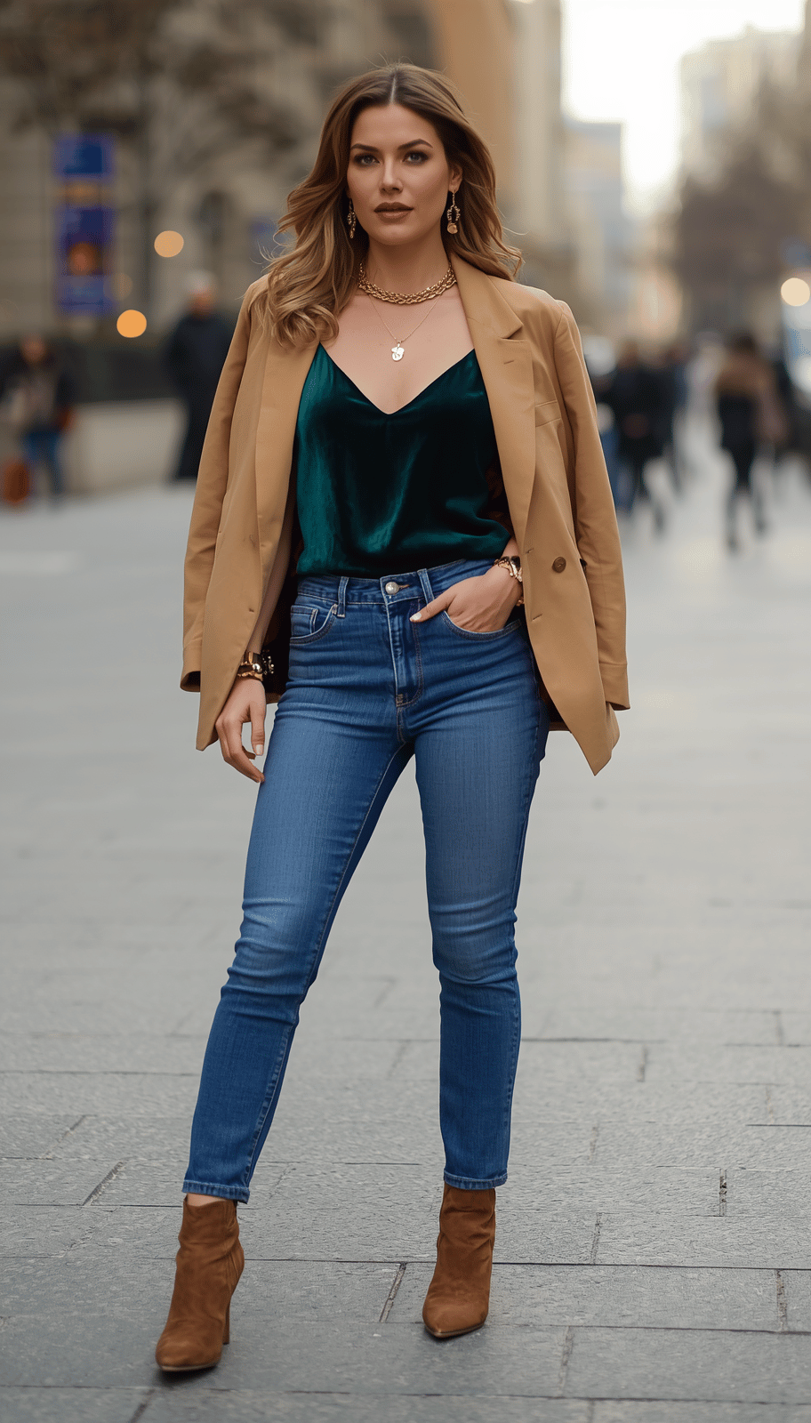 Medium-wash straight jeans
Jewel-tone velvet or satin top (emerald or burgundy)
Camel blazer
Heeled boot
Gold jewelry