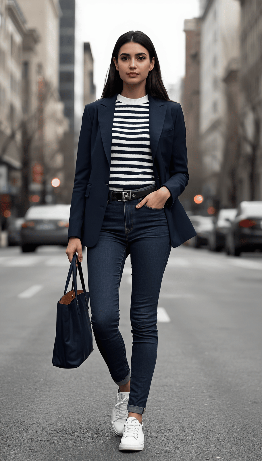 Navy jeans Navy and white striped sweater Navy blazer White sneaker Navy tote bag