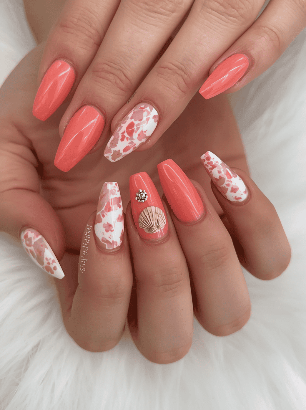 Coral with Shell Details Nails